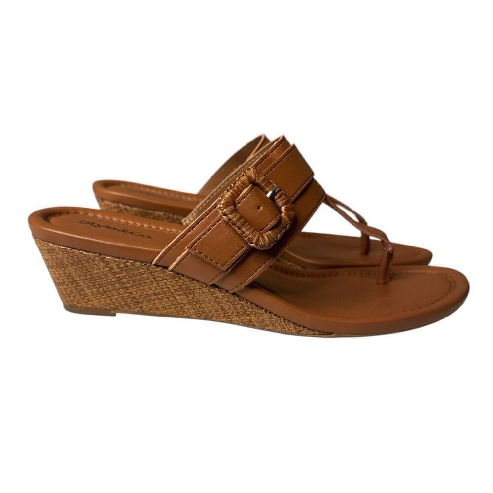 Style & Co Pollieer Buckled Thong Wedge Sandals 9M Camel Cognac Capsule